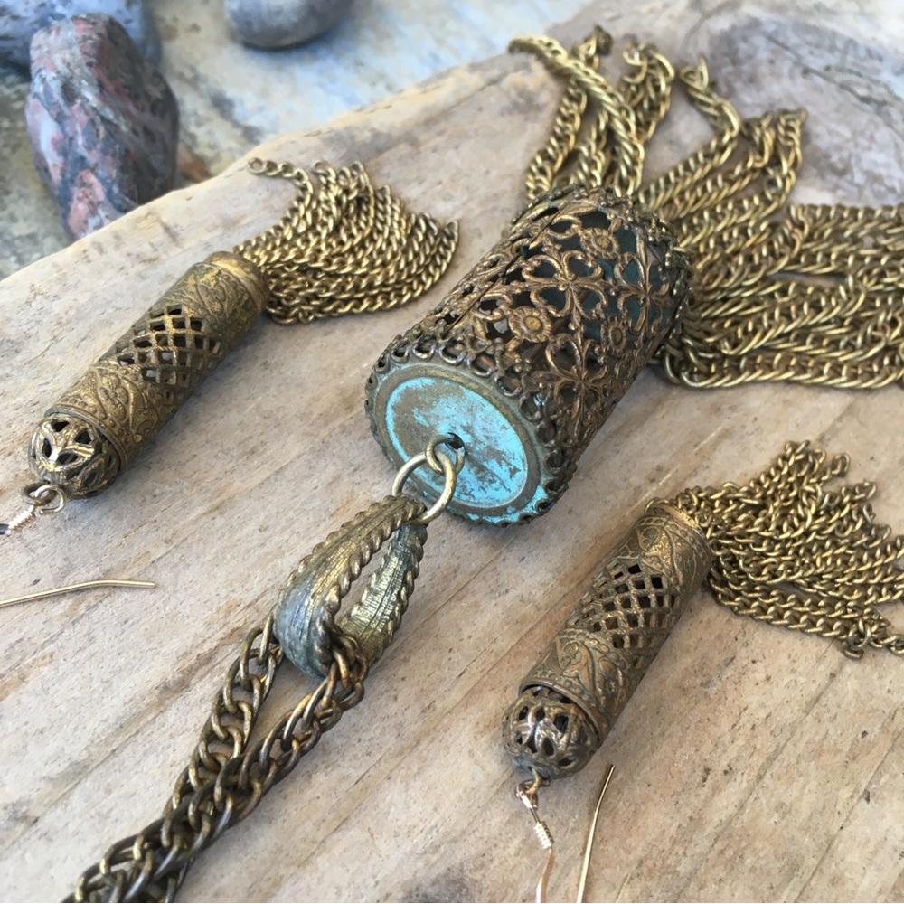 Antique Tassel Pendant Necklace & Earring Set Demi Parure
